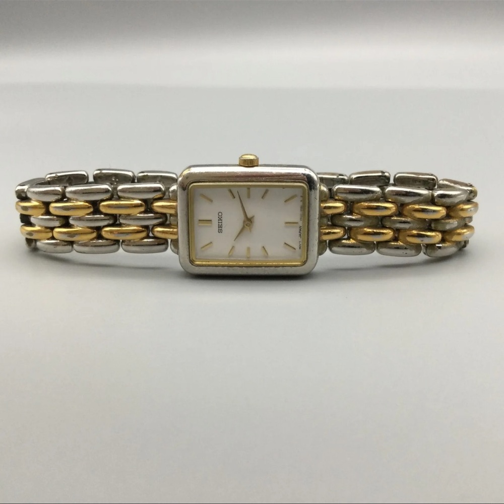 Vintage Seiko Watch Women Silver Gold Tone V400-6179 Rectangle New Battery 6.25"